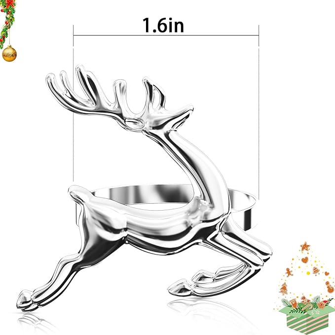 ZeeDix Silver Reindeer Christmas Napkin Rings Set of 24, Napkin Holder Ring - Image 2