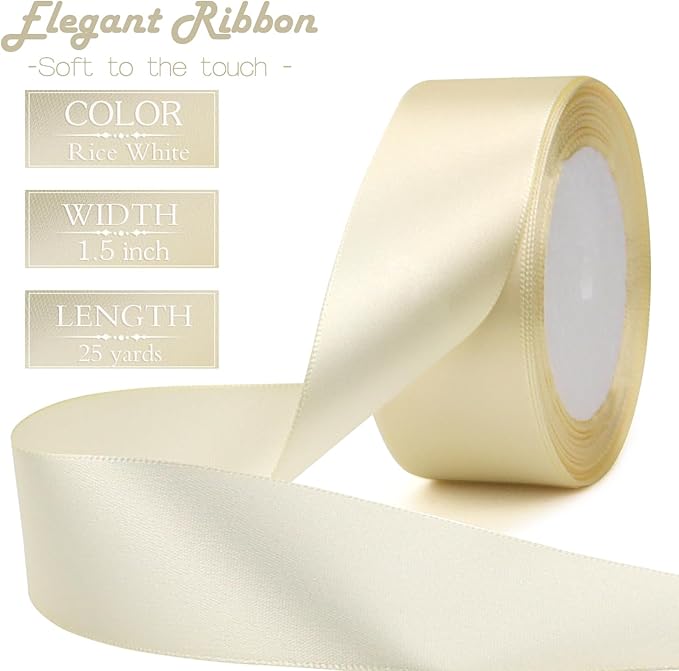 Rice White Solid Satin Ribbon 1-1/2 Inch 25 Yards Solid Polyester Fabric Ribbon - Image 2