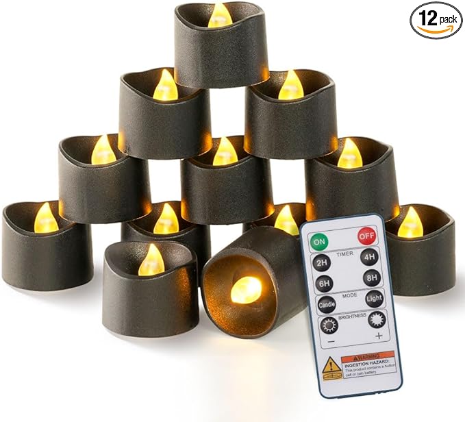 Homemory 12pcs Black Remote Timer LED Tea Lights Candles, 400+Hours Flickering by Homemory