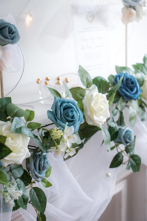 PONATIA 5FT Handcrafted Artificial Rose Flower Garland, Dusty Blue Flowers - Image 8