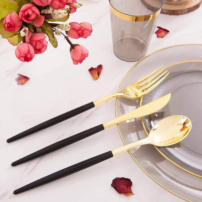 Supernal 180pcs Black Plastic Dinnerware Set Include Gold and Black Plates - Image 5