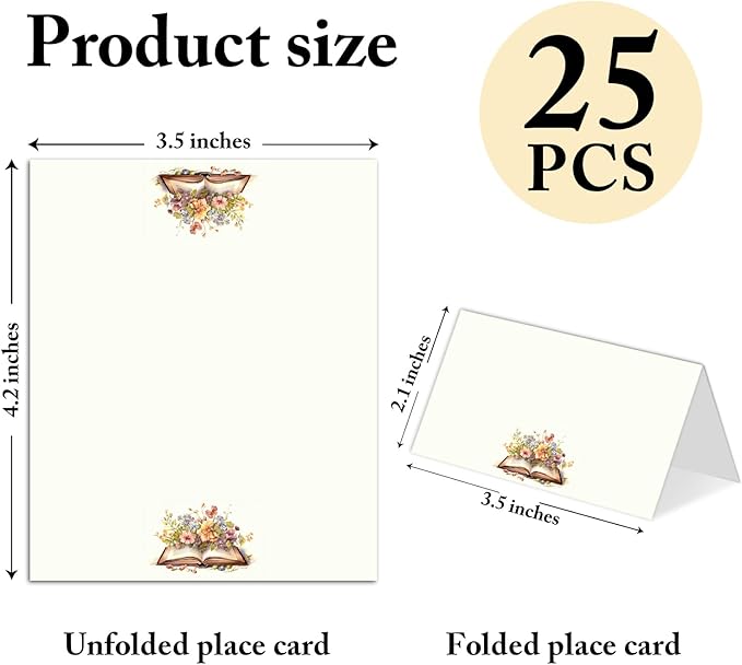 25 Pack Floral Book Theme Place Cards, Editable Name Cards - Image 2