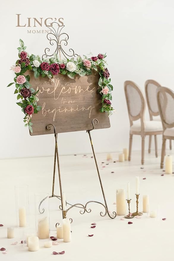 Ling's moment 5FT Burgundy Artificial Flower Garland Dusty Rose Leaves Floral - Image 4