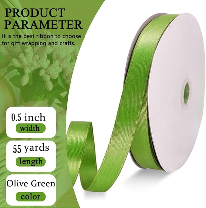Olive Green Satin Ribbon Double Faced Satin 1/2 inch x 55Yards Polyester Ribbon - Image 2