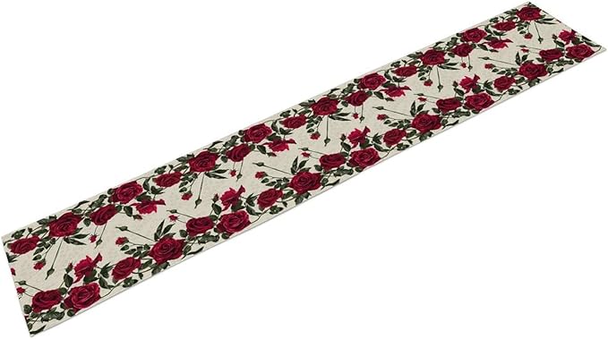 Rose Table Runner, Retro Red Rose Flowers Green Leaves Valentine's Day Kitchen - Image 8
