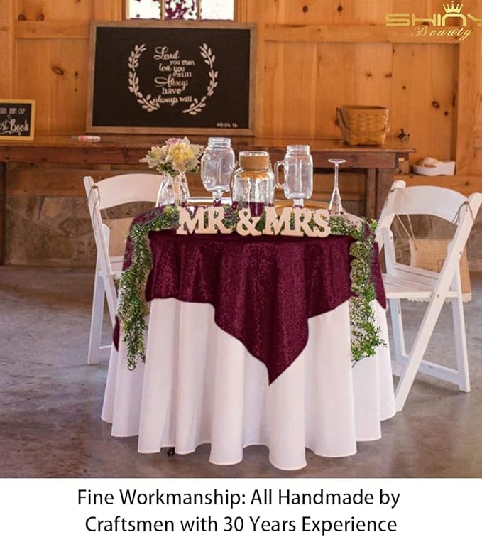 ShinyBeauty Sequin Tablecloth Burgundy Sequin Table Overlay Glitter Table Cover - Image 3