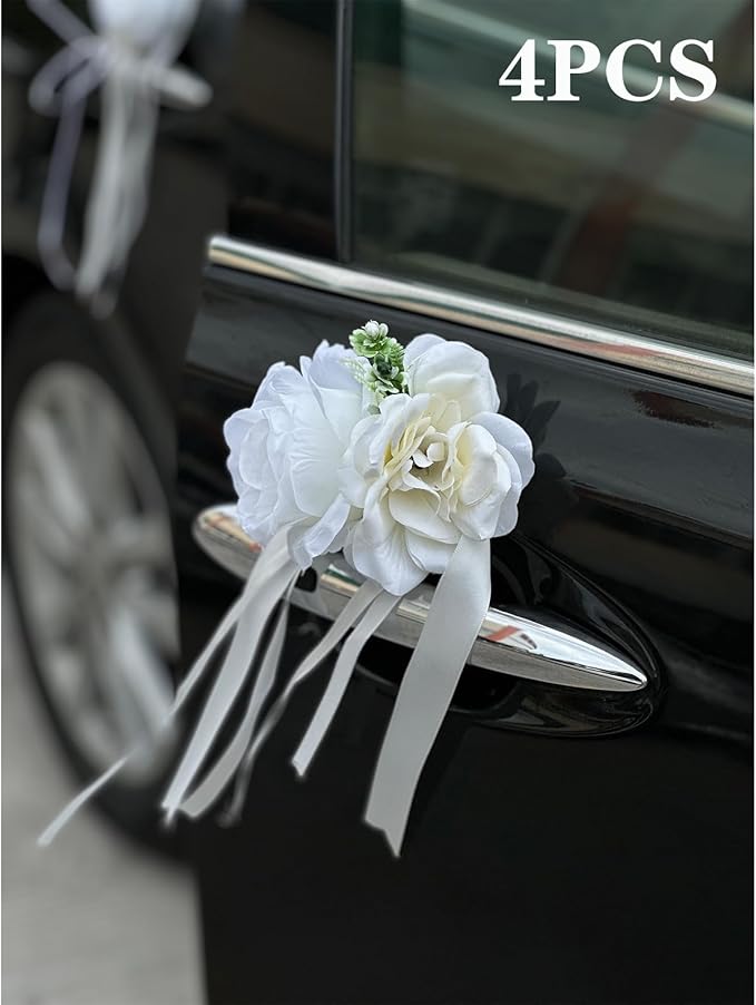 White Rose & Peony Wedding Car Door Handle Decor – 12 cm Artificial Flowers - Image 4
