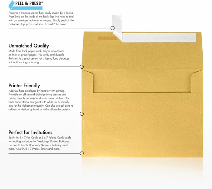 LUXPaper A7 Invitation Envelopes | Peel & Press | 5 1/4" x 7 1/4" | Gold - Image 8
