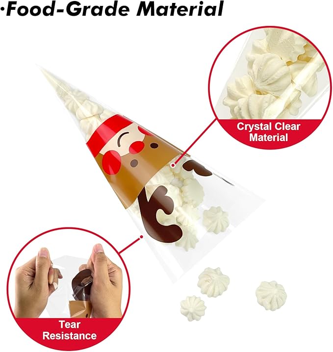 EKAPACKAGING 50Pcs 6x10 Inches Reindeer Print Cone Shaped Treat Bags - Image 3