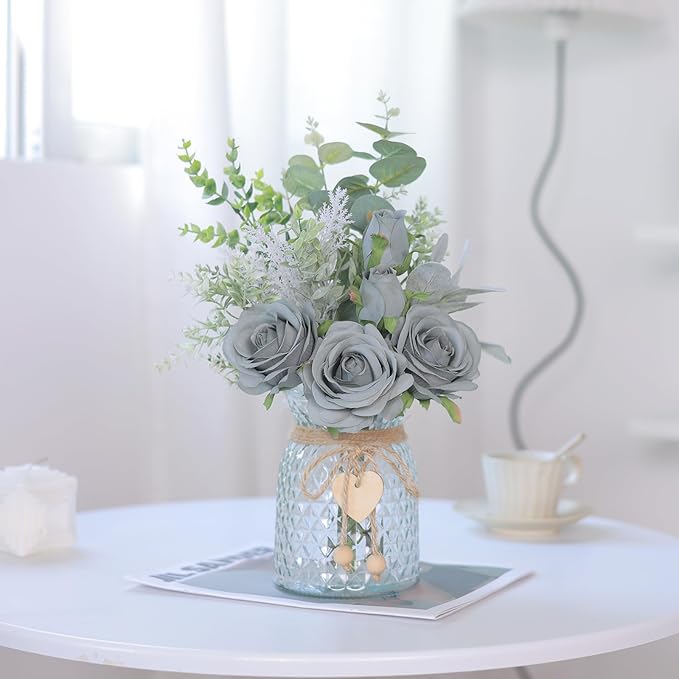 Faux Flowers with Vase, Artificial Silk Roses in Vase, Fake Plant Eucalyptus - Image 2