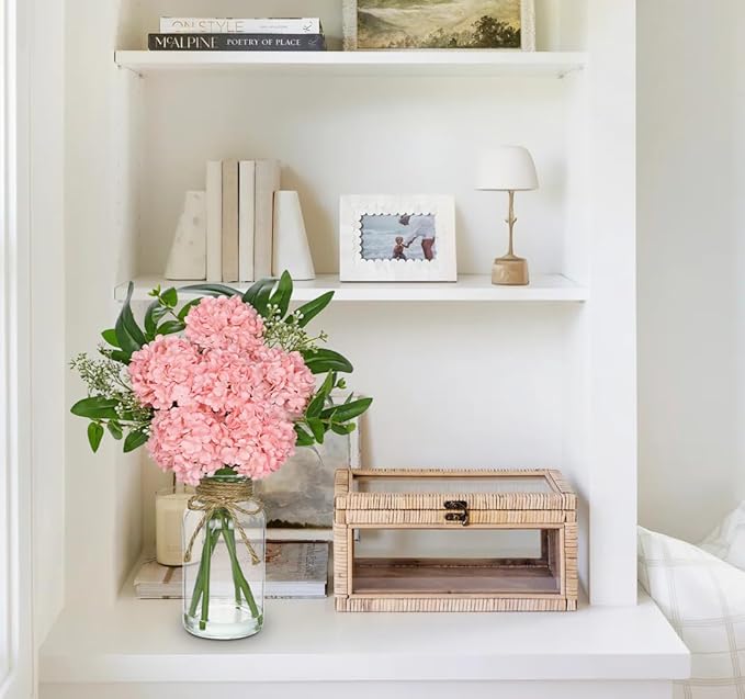 Hollyone Pink Hydrangea Artificial Flowers in Clear Glass Vase - Image 4