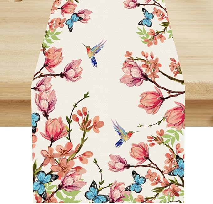 Spring Floral Bird Table Runner, Watercolor Pink Flower Plants Nature Butterfly by ShiTingYu