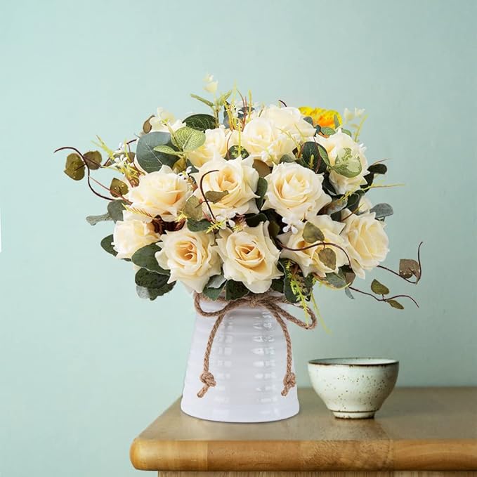 LESING Artificial Rose with Vase, Fake Silk Flowers Bouquets in Vase Table - Image 6