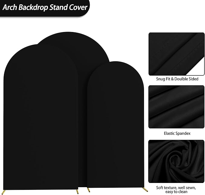 Fomcet Set of 3 Wedding Arch Cover 6FT, 7.2FT Black 2-Sided Round Top Spandex - Image 3