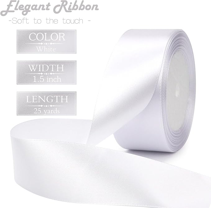 White Solid Satin Ribbon 1-1/2 Inch 25 Yards Solid Polyester Fabric Ribbon - Image 2