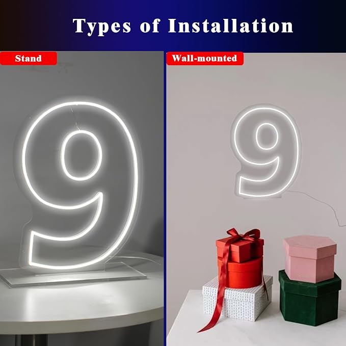 Number 9 Neon Sign for First Birthday, 16.54" Cool White USB Battery Powered - Image 2