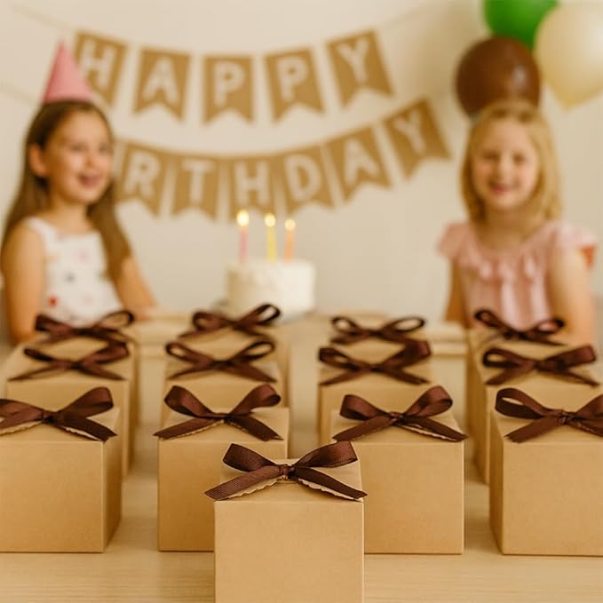 Brown Gift Boxes with Ribbon – 4x4x4" Foldable Paper Boxes with Lids, - Image 3