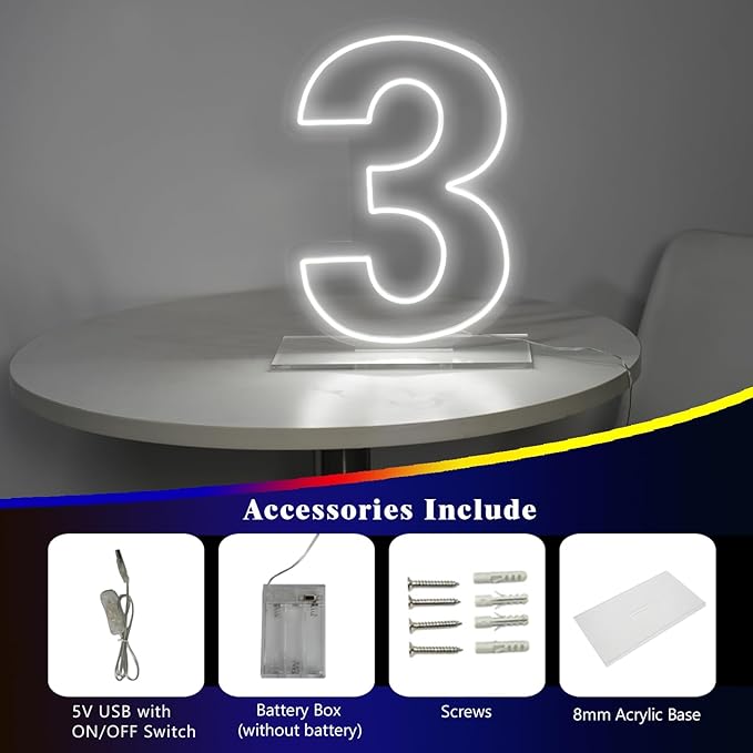 Number 3 Neon Sign for Birthday, 16.54" Cool White USB Battery Powered Led Neon - Image 3