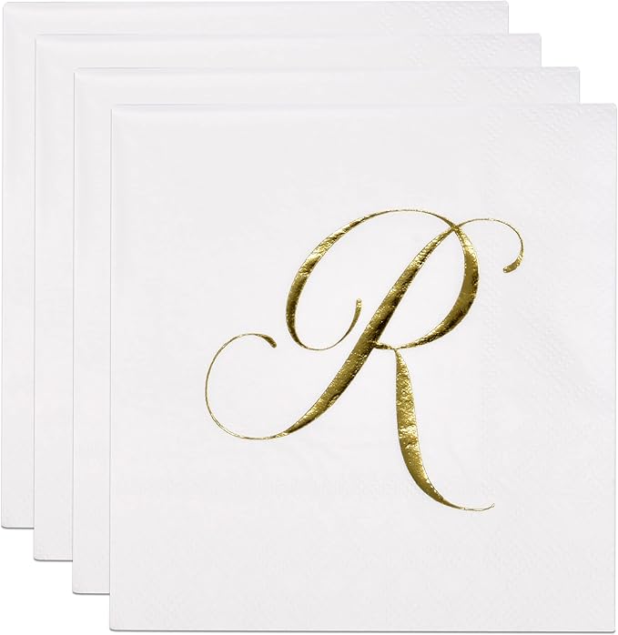 Gift Boutique 100 Gold Monogram Cocktail Napkins Letter R Disposable Paper Pack - Image 2