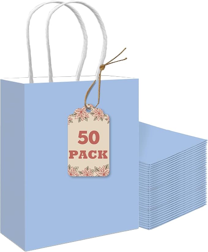 qiqee 50-Packs Gift Bag with Handles Bulk Light Blue Paper Bags Multiple Uses by Qiqee