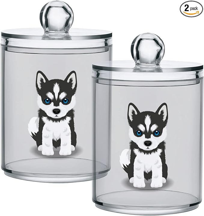 2 Pack Qtip Dispenser Apothecary Jars Dog Bathroom Organizer, Siberian Husky by Gredecor