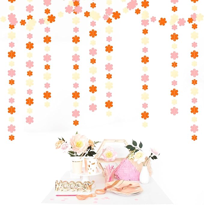 Orange-Pink Fall Party-Decorations Streamers-Garland - 52ft Boho Flower Hanging - Image 4