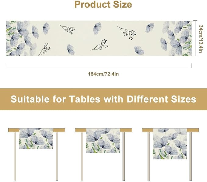 Watercolor Poppy Floral Table Runner, Abstract Seasonal Spring Summer Blue - Image 2