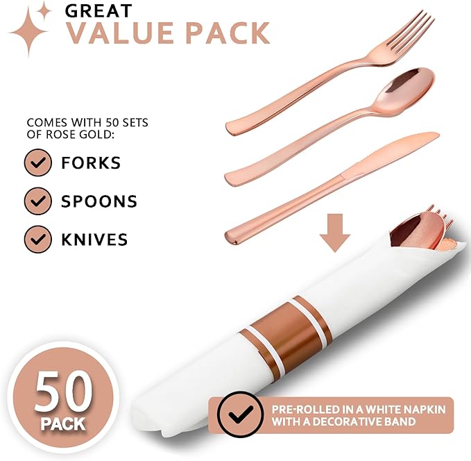 50Guests Pre Rolled Rose Gold Plastic Silverware Sets - Image 3