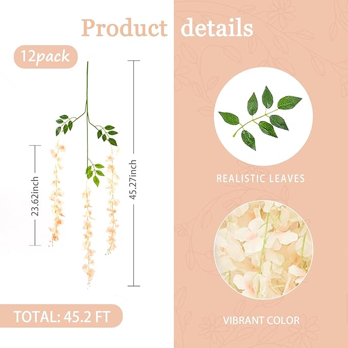 12 Pack Champagne Wisteria Hanging Flowers Garland, 3.77 Feet Artificial Flower - Image 3