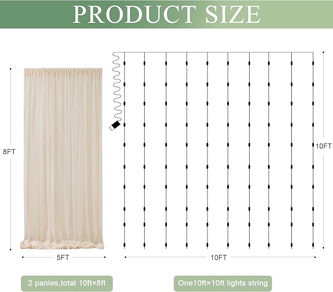 Tulle Backdrop Curtain with Lights String 10FT X 8FT Champagne Sheer Tulle - Image 2