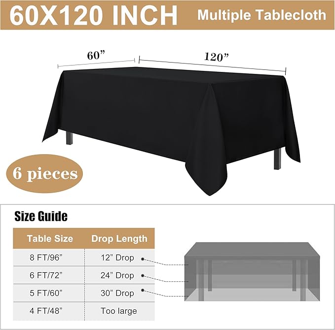 sancua 6 Pack Black Tablecloth 60 x 120 Inch, Rectangle Table Cloth - Image 7