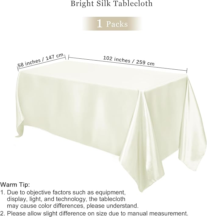 TURSTIN 1 Pack Ivory Satin Tablecloth 102 x 58 Inch Overlay Satin Table Cover - Image 2