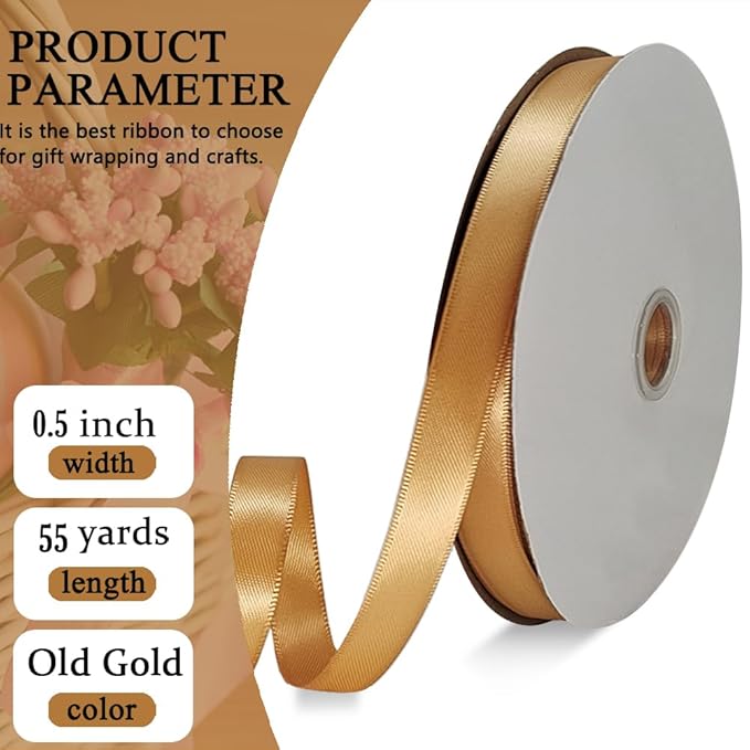Old Gold Satin Ribbon Double Faced Satin 1/2 inch x 55 Yards Polyester Ribbon - Image 2