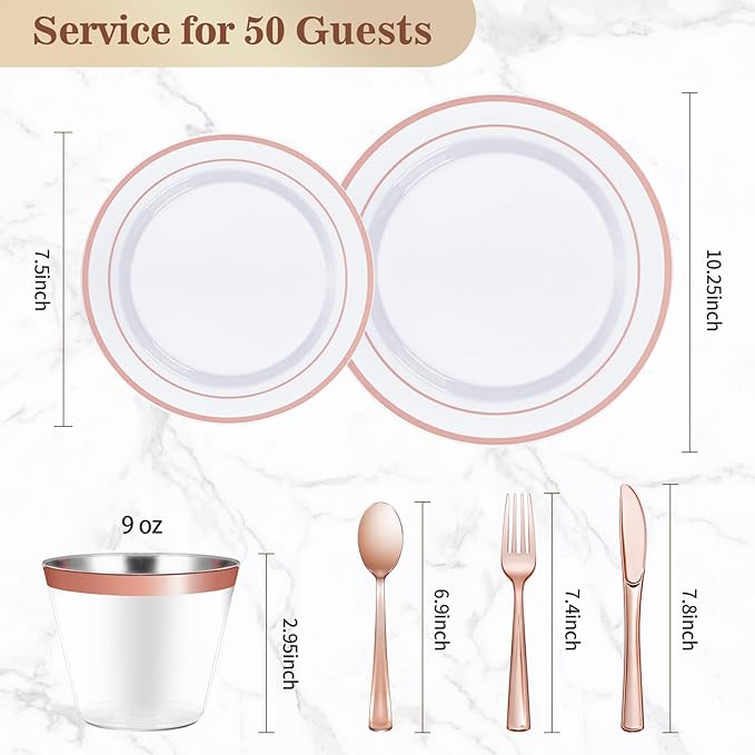 BESTVIP 300PCS Plastic Dinnerware Set, Rose Gold Disposable Plates - Image 4