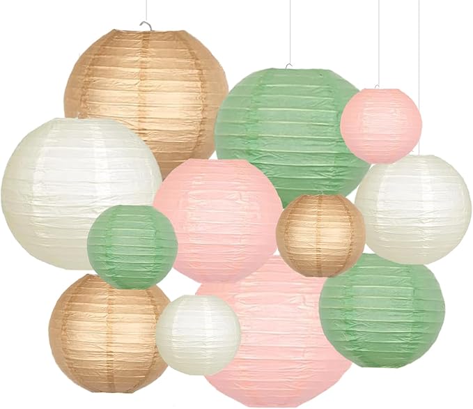 Sage Green Pink Paper Lanterns Decorative 12pcs Wedding Hanging Decorations by Capesaro