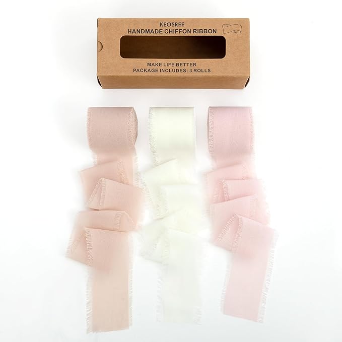 3 Rolls Nude & Cream White Handmade Chiffon Ribbon, 1.5" x 21Yd Frayed Fringe by KEOSREE