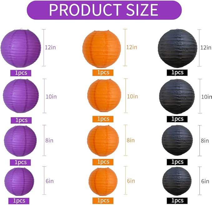 BEISHIDA 12Pcs Orange Purple Black Paper Lanterns Decorative Chinese/Japanese - Image 2