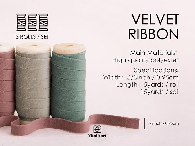Vitalizart Velvet Ribbon Red Green Set 3/8" x 15 Yd Wooden Spool Fabric Trim 3 - Image 2