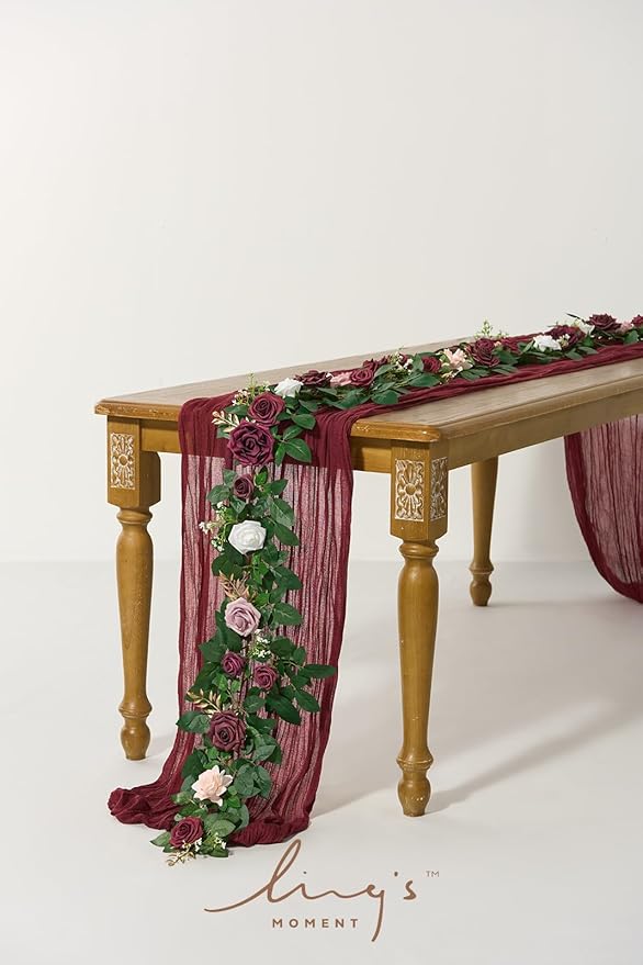 Ling's moment 5FT Burgundy Artificial Flower Garland Dusty Rose Leaves Floral - Image 5