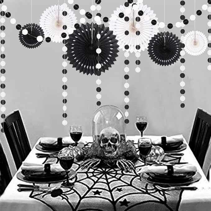 Cheerland Black White Party Decorations Hanging Paper Fans Garland Kit Gothic - Image 7