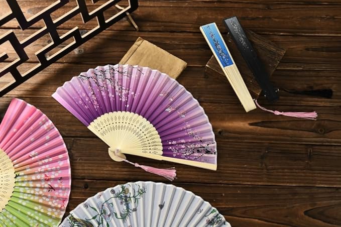 HUNANBANG 4 Pieces Oriental Bamboo Folding Hand Fans Church Wedding Gift - Image 5