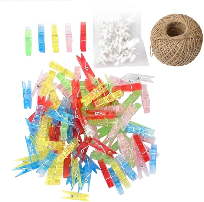 100pcs Mini Clear Hanging Photo Clips + 30m Twine by TFu