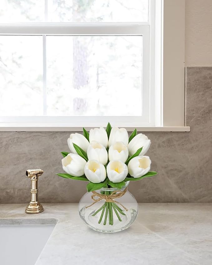 DILATATA Tulips Artificial Flowers in Vase White Fake Flowers Centerpiece - Image 6