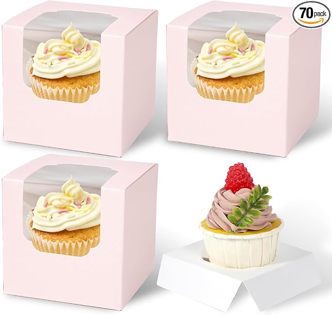 JCD 70 packs Pink Cupcake Boxes Individual Cupcake Container 3.5" x 3.5" x 3.5" by JCD