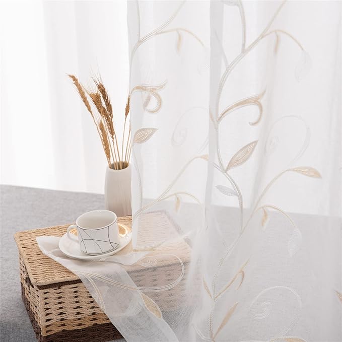 VISIONTEX White Sheer Voile Curtains, Decorative Beige Leaves Embroidery Faux - Image 2