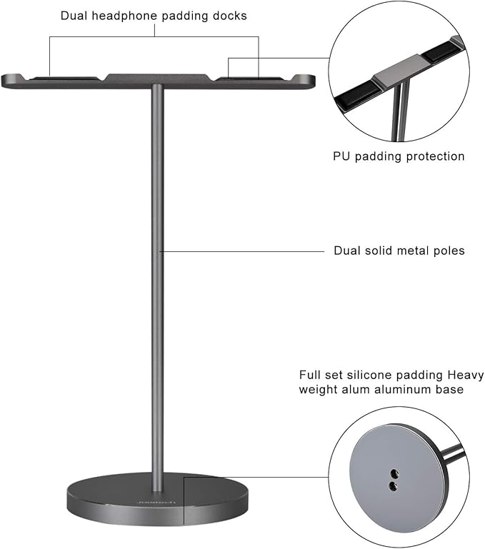 Double Headphones Stand, Aluminum Alloy Desk 3 Headsets Holder Supporting - Image 5