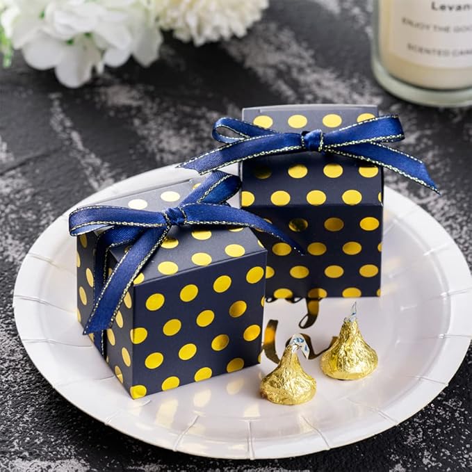 Navy Blue Gift Candy Box with Gold Dots Bulk 2x2x2 inches with Ribbon Party - Image 2