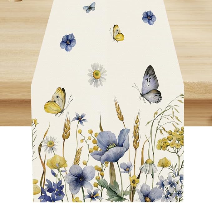 Floral Table Runner, Spring Watercolor Flower Plants Nature Butterfly Table by ShiTingYu