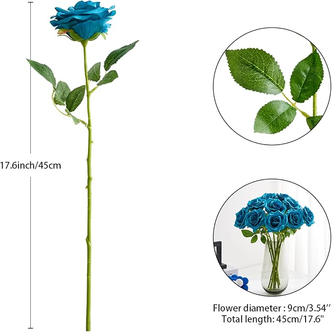 Teal Artificial Rose 10pcs Open Flower Bouquet Faux Rose Stems Turquoise Blue - Image 4