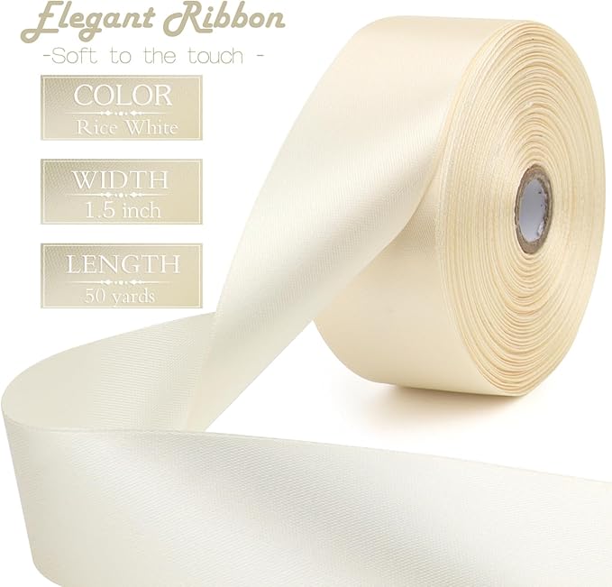 Rice White Solid Satin Ribbon 1-1/2 Inch 50 Yards Solid Polyester Fabric Ribbon - Image 2